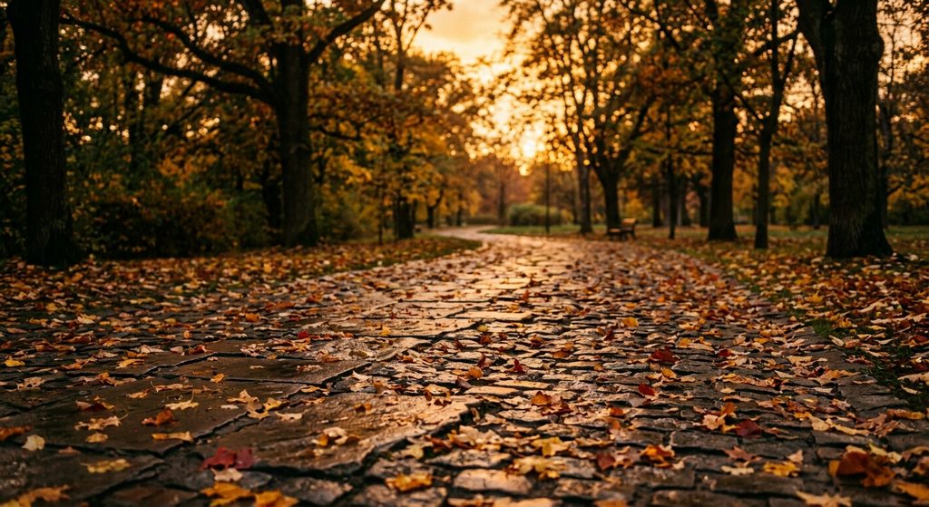 Tapis de feuilles d'automne dorees et rouges sur un chemin en pierre a Montpellier Aiguelongue sous la lumiere du coucher de soleil