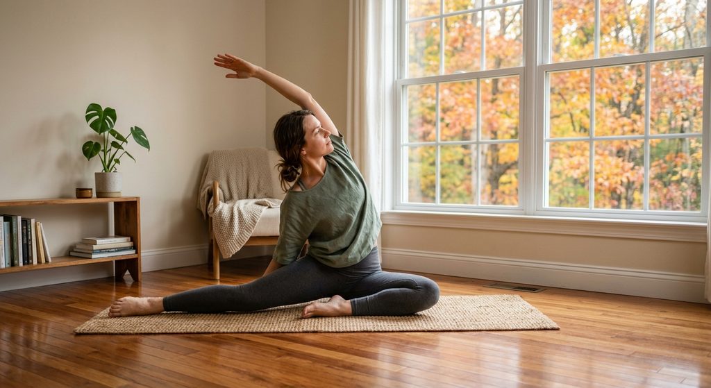 Personne pratiquant des mouvements doux d'etirement de Qi Gong dans une pièce lumineuse pres d'une fenetre a Montpellie